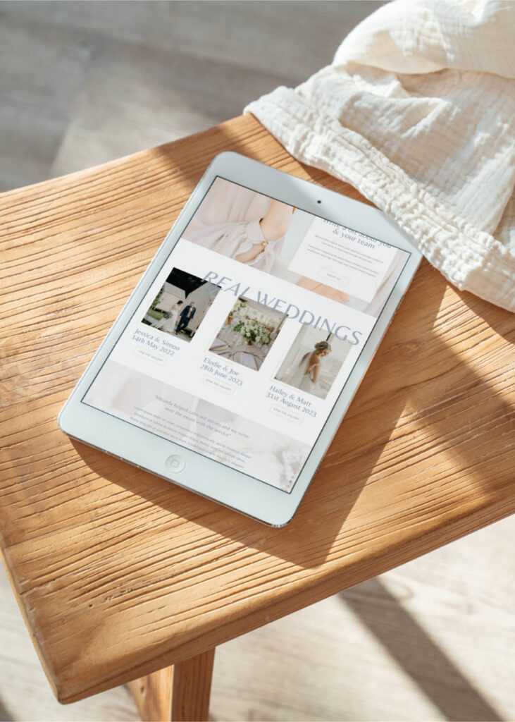 An image of an iPad showing the Laurel Showit website template by Calluna & Thyme, designed for wedding planners, wedding florists and wedding businesses.